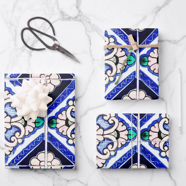 Hoja De Papel De Regalo Rústico Azulejo Patrón Español Azulejo Navío Blanc (Anverso)