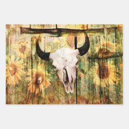 Hoja De Papel De Regalo Rústico Bull Skull Country Sunflowers