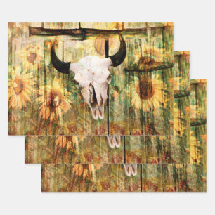 Hoja De Papel De Regalo Rústico Bull Skull Country Sunflowers