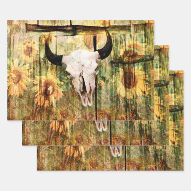 Hoja De Papel De Regalo Rústico Bull Skull Country Sunflowers (Set)