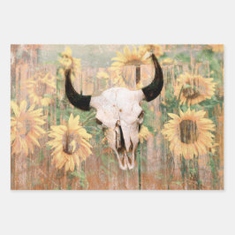 Hoja De Papel De Regalo Rústico Bull Skull Marrón girasoles amarillos