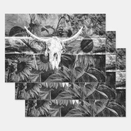 Hoja De Papel De Regalo Rústico Cráneo De Toros De Flor Negra Y Blanca Occ