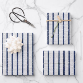 Hoja De Papel De Regalo Rústico Gris Linen & Navy Blue Stripes Pattern