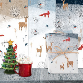 Hoja De Papel De Regalo Rústico invierno nórdico Fox Deer Snowsky Mountain
