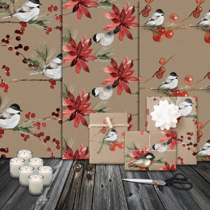 Hoja De Papel De Regalo Rústico Kraft Black Cap Chickadee Birds & Berries
