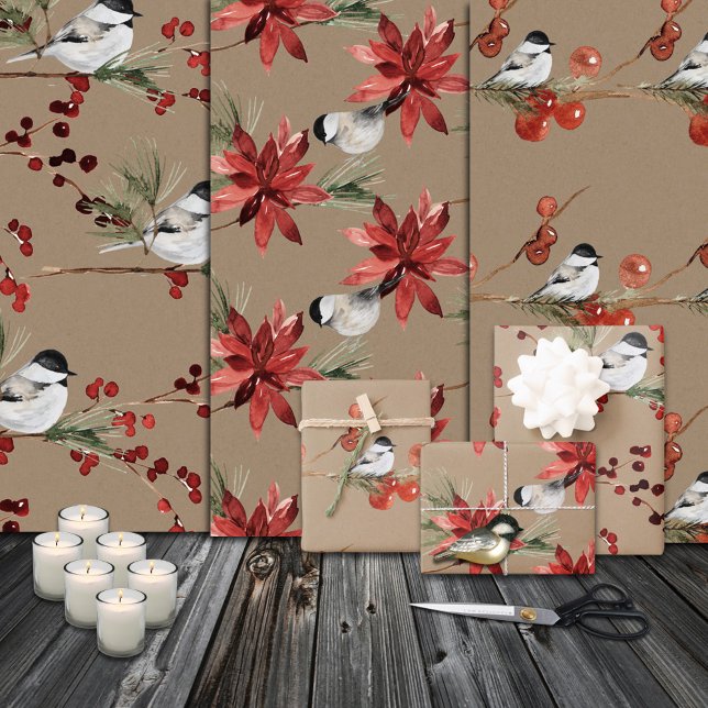 Hoja De Papel De Regalo Rústico Kraft Black Cap Chickadee Birds & Berries (Rustic Kraft Black Cap Chickadee Birds & Berries Christmas Holiday Gift Wrapping Paper Sheets Trio)