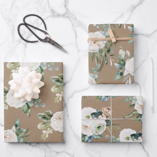 Hoja De Papel De Regalo Rústico Kraft Blue Spruce Floral Blanca (Anverso)