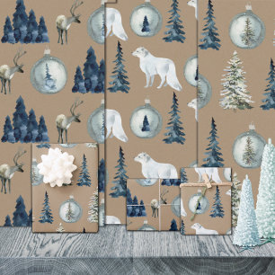 Hoja De Papel De Regalo Rústico Kraft Blue Spruce Tree Arctic Fox Reindeer
