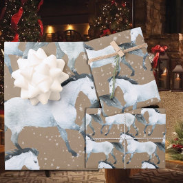 Hoja De Papel De Regalo Rústico Kraft Elegante caballo blanco nevado