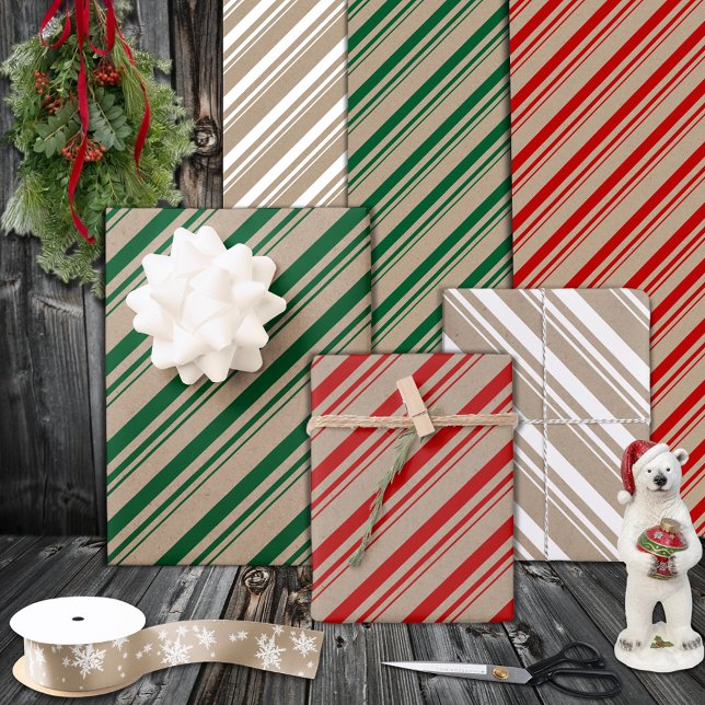 Hoja De Papel De Regalo Rústico Kraft Green Red White Candy Stripes (Rustic Kraft Green Red White Candy Stripes Wrapping Paper Sheets Trio)