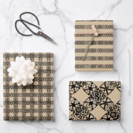 Hoja De Papel De Regalo Rústico kraft marrón oscuro plaid & stripes lace