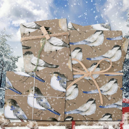 Hoja De Papel De Regalo Rústico Kraft nevado pájaros negros y azules de po