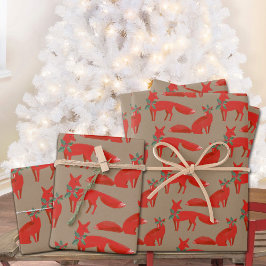 Hoja De Papel De Regalo Rústico Kraft Rojo Foxes En Una Fecha Holly