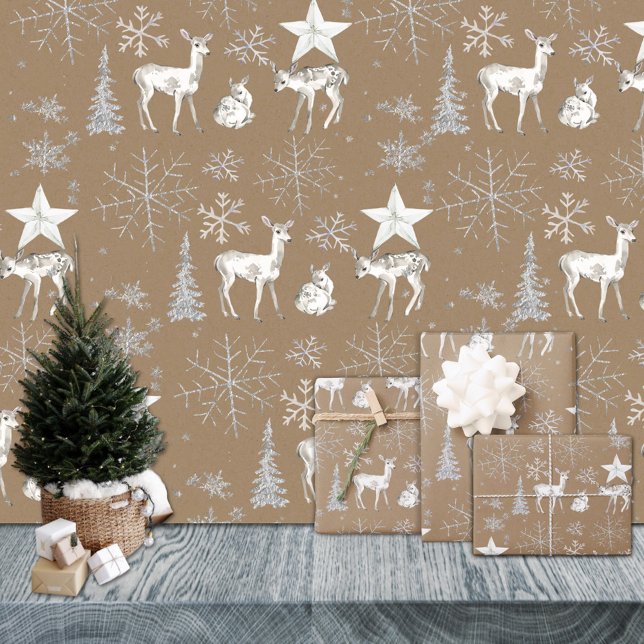 Hoja De Papel De Regalo Rústico Kraft White Baby Doe Deer Silver Snowflake (Rustic Kraft White Baby Doe Deer Silver Snowflakes Christmas Holiday Gift Wrapping Paper Sheets Trio)