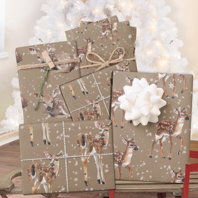 Hoja De Papel De Regalo Rústico Kraft Winter Baby Doe Reindee Snowflakes (Rustic Kraft Winter Baby Doe Reindeer Snowflakes Christmas Holiday Gift Wrapping Paper Sheets Trio)