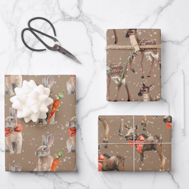 Hoja De Papel De Regalo Rústico Kraft Winter Woodland Baby Hare Deer Moose (Anverso)