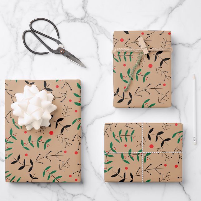 Hoja De Papel De Regalo Rústico Kraft Winter Woodland Greenery (Anverso)