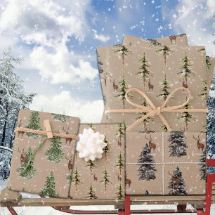 Hoja De Papel De Regalo Rústico Kraft Winter Woodland Spruce Tree Reindeer