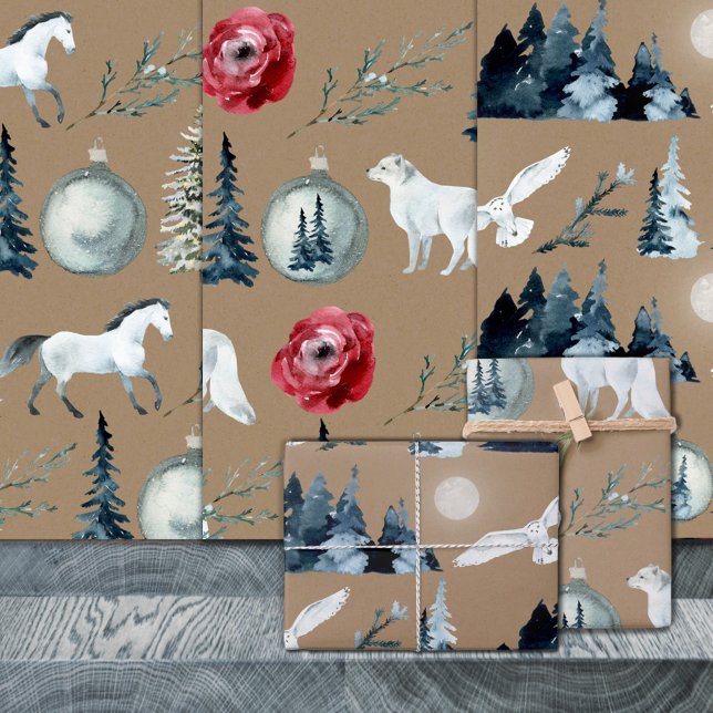 Hoja De Papel De Regalo Rústico Kraft Winter Woodland White Horse Fox & Ow (Rustic Kraft White Horse Arctic Fox Snowy Owl Christmas Holiday Gift Wrapping Paper Sheets Trio)