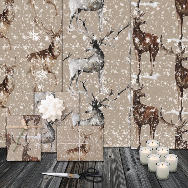 Hoja De Papel De Regalo Rústico reno Kraft deja grandes cuernos (Rustic Kraft Reindeer Stags Large Antlers Gift Wrapping Paper Sheets Trio)