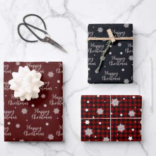 Hoja De Papel De Regalo Rústico Rojo Negro Feliz Navidades con copas de ni