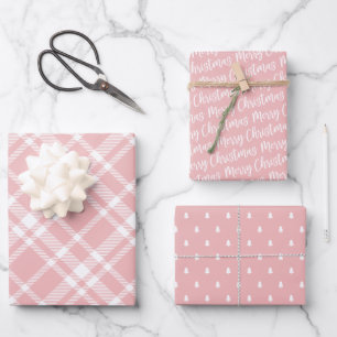 Hoja De Papel De Regalo Rústico Tartán Rosa Juega Patrón Feliz Navidad