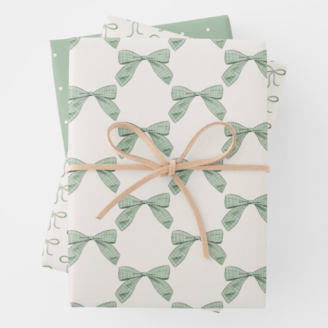 Hoja De Papel De Regalo Sage Green Plaid Bow Elegant Neutral Baby Shower (In situ)