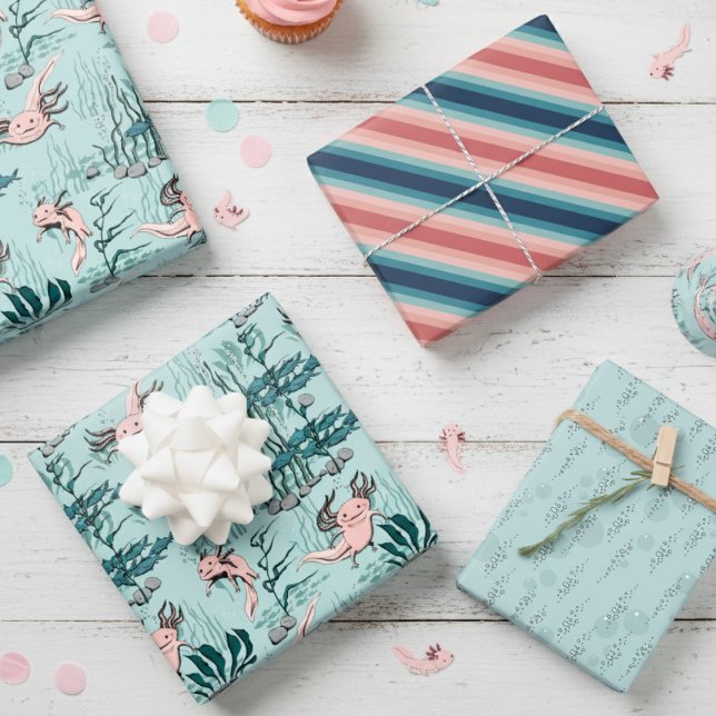 Hoja De Papel De Regalo Salamandra mexicano rosa azul turquesa y Rubor Axo (Fun Unique Axolotl Wrapping Paper. Mexican Walking Fish Pattern for Kids with Amphibian Pet Animal)