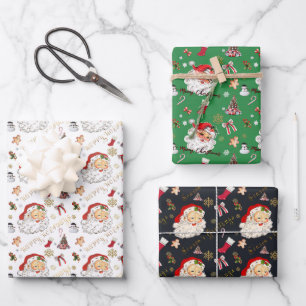 Hoja De Papel De Regalo Saludo retro Santa White Green y Black Holiday