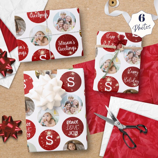 Hoja De Papel De Regalo Saludos navideños 6 Foto Monograma Rojo Espuma (Subido por el creador)