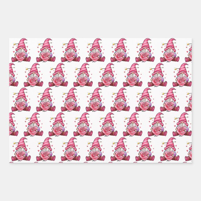 Hoja De Papel De Regalo San Valentín Gnomo Rosa  (Anverso)
