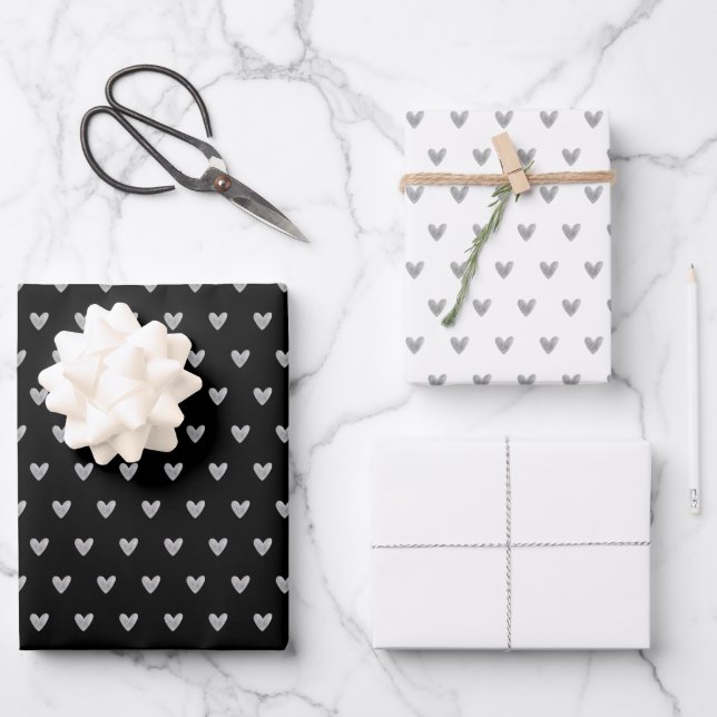Hoja De Papel De Regalo San Valentín gris sobre negro y gris sobre blanco (Anverso)