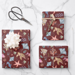 Hoja De Papel De Regalo Sangría Texturizada de Vida Oceánica Acuarela