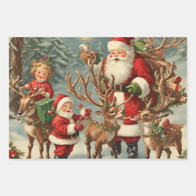 Hoja De Papel De Regalo Santa con niños, renos y regalos (Anverso)