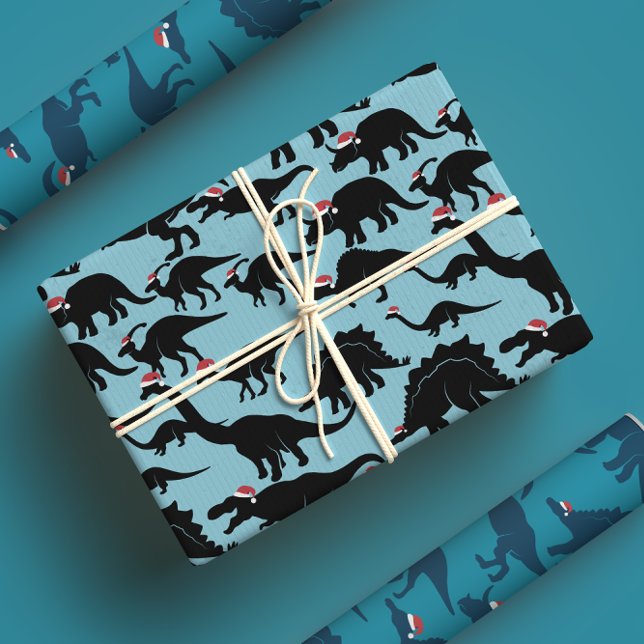Hoja De Papel De Regalo ¡Santa Dinos! Dinosaurios azules divertidos y sens (Subido por el creador)