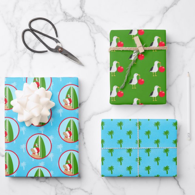 Hoja De Papel De Regalo Santa Golden Surfboard Dog Seagull Gift Wrap Set 3 (Anverso)
