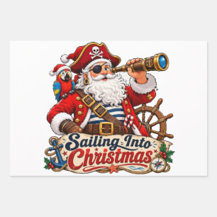 Hoja De Papel De Regalo Santa Pirata Navegando en Navidad