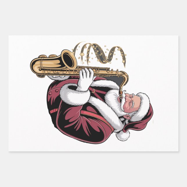 Hoja De Papel De Regalo Santa Playing Saxophone Xmas Musician Saxophonist  (Anverso)