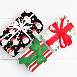 Hoja De Papel De Regalo Santa, rayas y Navidades modernas divertidas negro