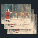 Hoja De Papel De Regalo Santa Reindeer Vintage Christmas<br><div class="desc">El diseño que se presenta en estas hojas de papel envolvente es de una hermosa pintura de acuarela de época. Santa Claus está saliendo a los nevados bosques de invierno para recoger sus renos para que puedan prepararse para que sus Navidades Eva viajen por el mundo. Esto ocurre cada año...</div>