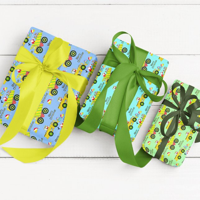 Hoja De Papel De Regalo Santa Riding En Camión De Barrido Y Bulldozer (Subido por el creador)