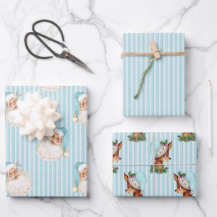 Hoja De Papel De Regalo Santa Vintage y Reno en Raya Turquesa