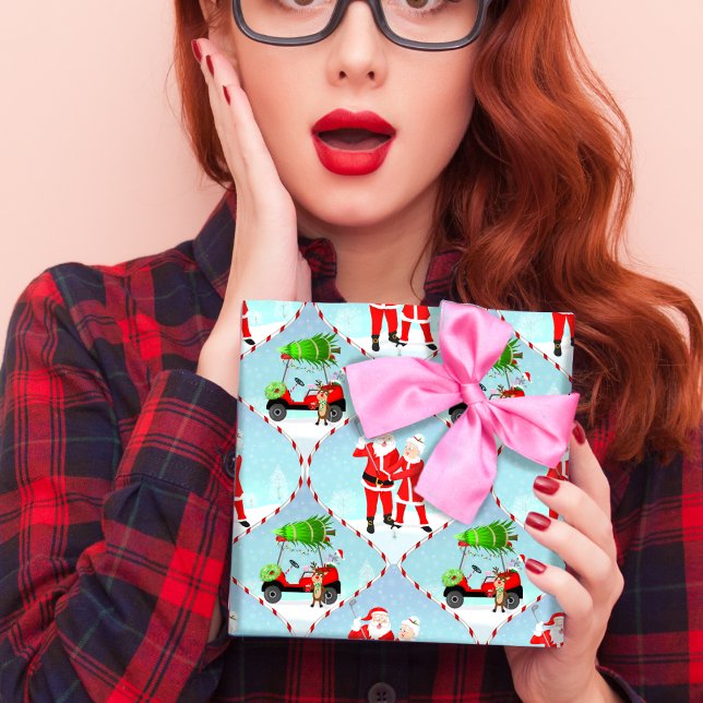 Hoja De Papel De Regalo Santa Y La Sra. Claus Golfing Ogee Pattern (Festive Fun: Santa, Mrs. Claus, Reindeer, and Golf Cart Delight!)