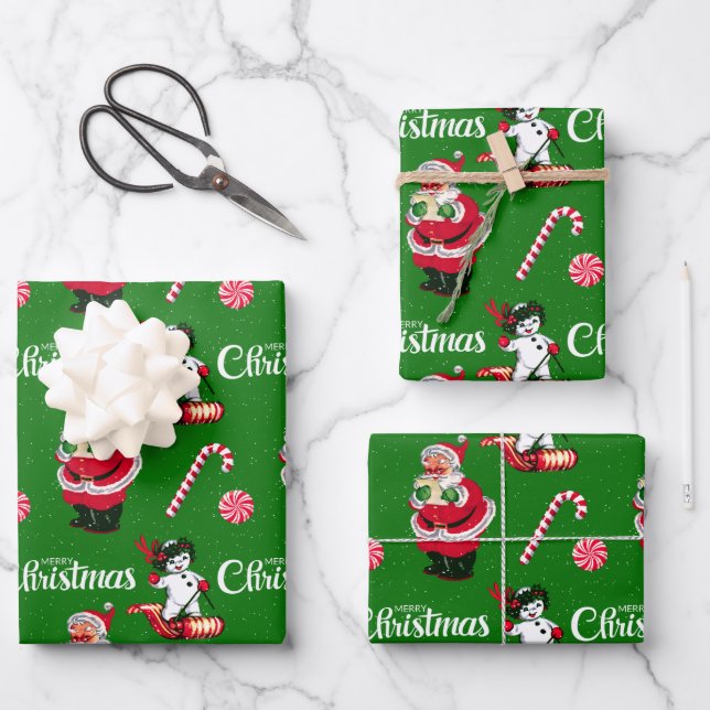 Hoja De Papel De Regalo Santa y Snowman con nieve (Anverso)