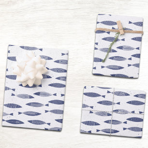 Hoja De Papel De Regalo Sardina Pescado Azul Marino Blanco Costero