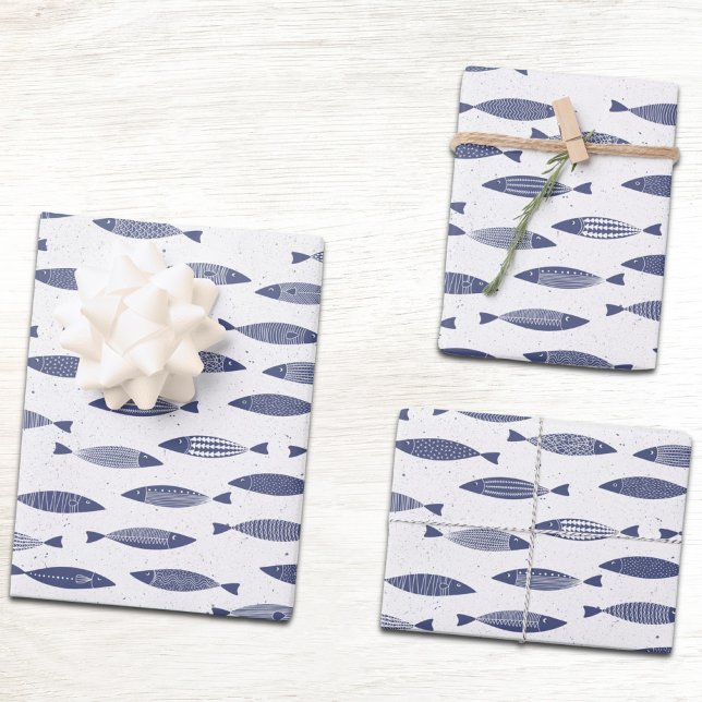 Hoja De Papel De Regalo Sardine Fish Navy Blue White Coastal (Sardine fish blue and white block print coastal gift wrapping paper sheets)
