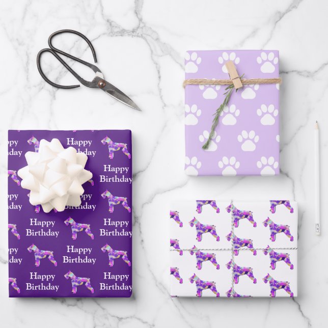 Hoja De Papel De Regalo Schnauzer Dog Silhouette Purple Happy Birday (Anverso)