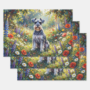 Hoja De Papel De Regalo Schnauzer en prado de flores silvestres decoupage