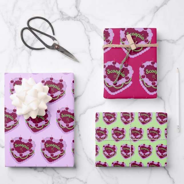 Hoja De Papel De Regalo Scorpio Zodiac Coquette Heart Birthday Cake (Anverso)