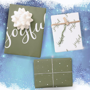 Hoja De Papel De Regalo Script Alegre Copo de Nieve Verde Oliva Fiesta